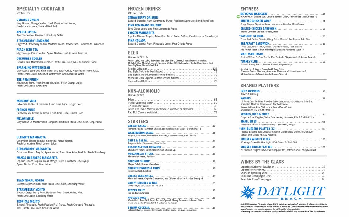 Daylight beach club food menu