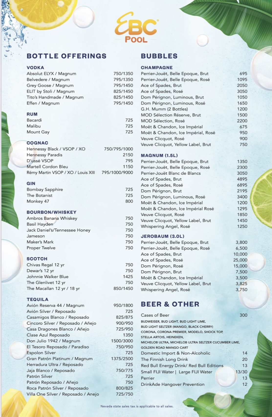 Encore Beach Club bottle service menu