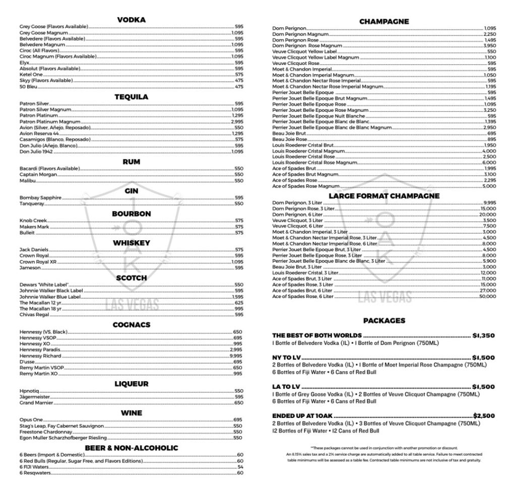 1 Oak Las Vegas bottle service menu
