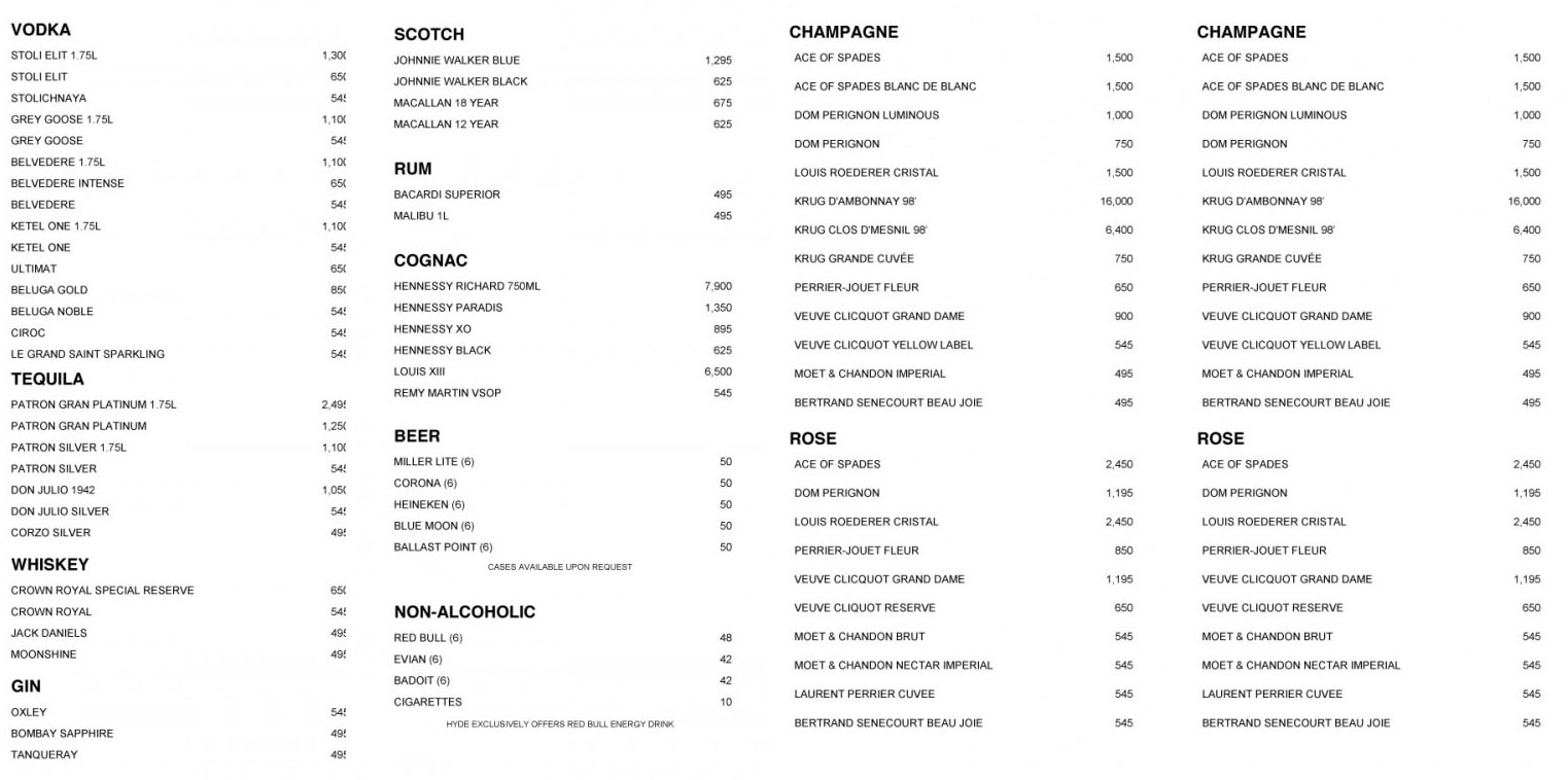 Hyde Bellagio Bottle Service Menu
