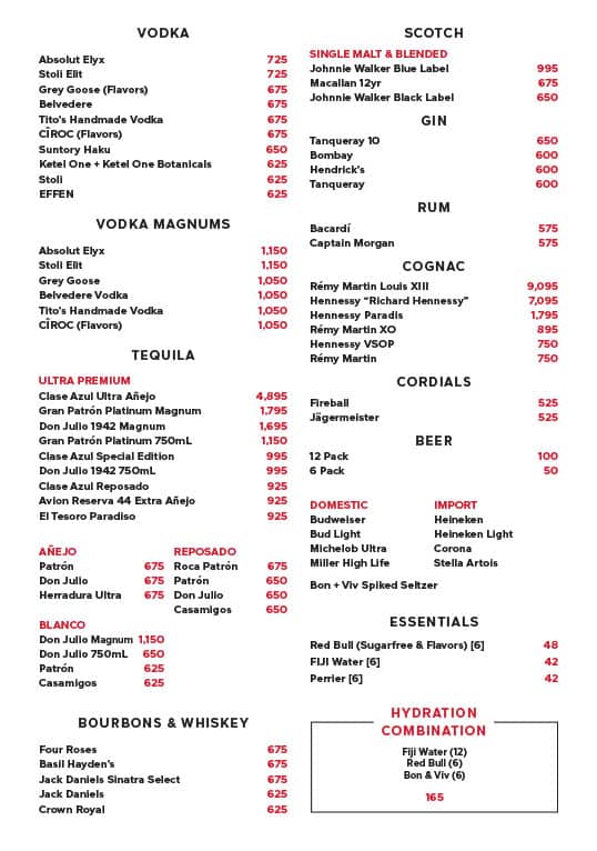 On The Record bottle service menu
