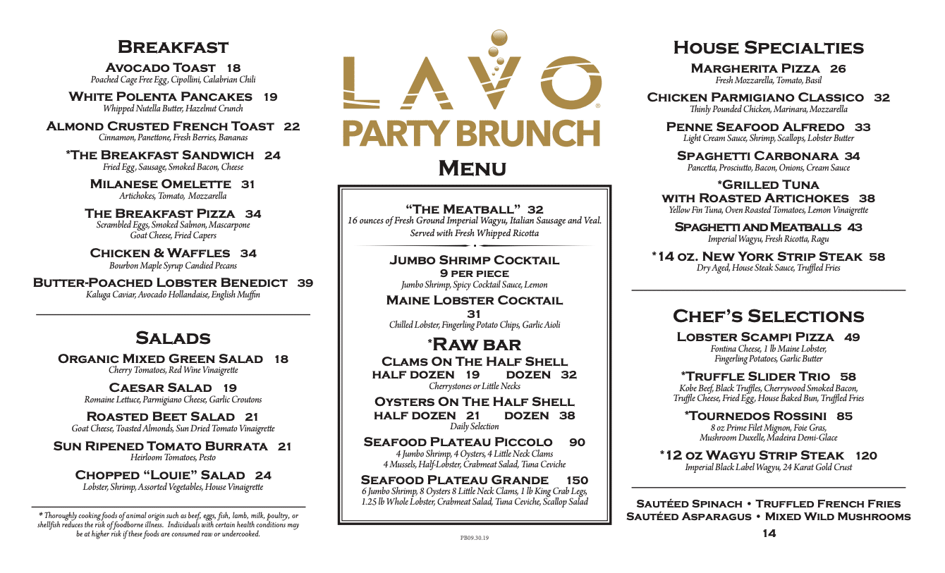 Lavo Party Brunch menu