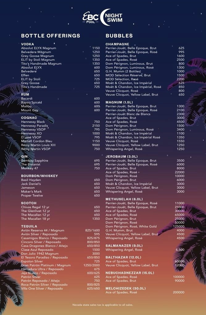 EBC At Night bottle service menu