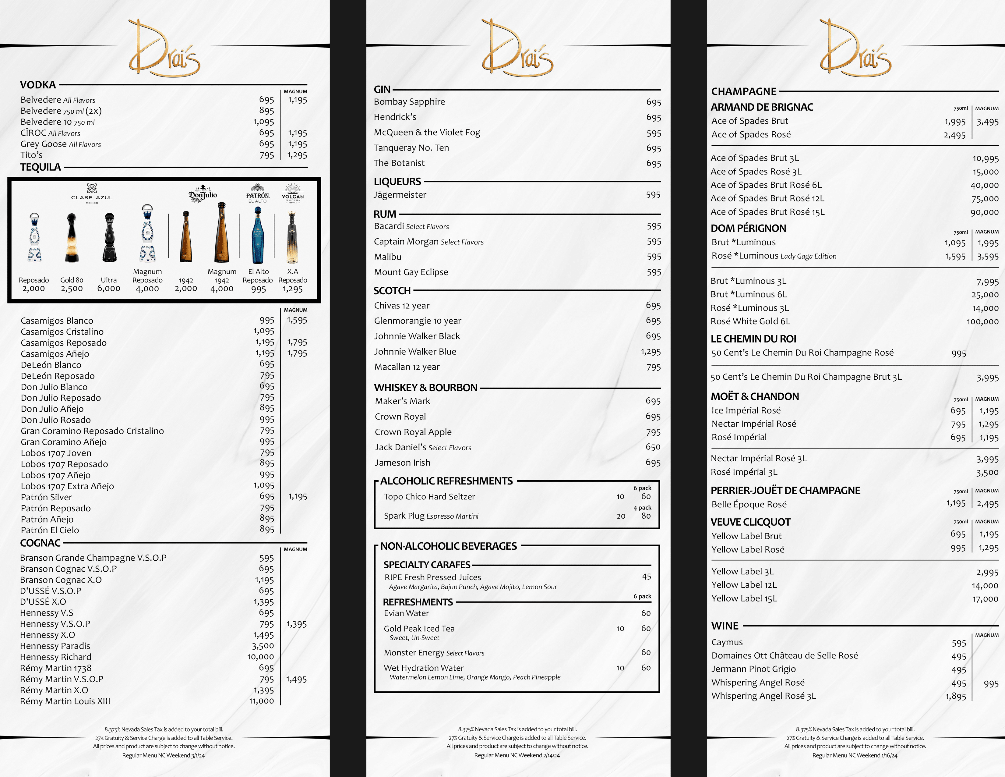 Drais Nightclub bottle menu